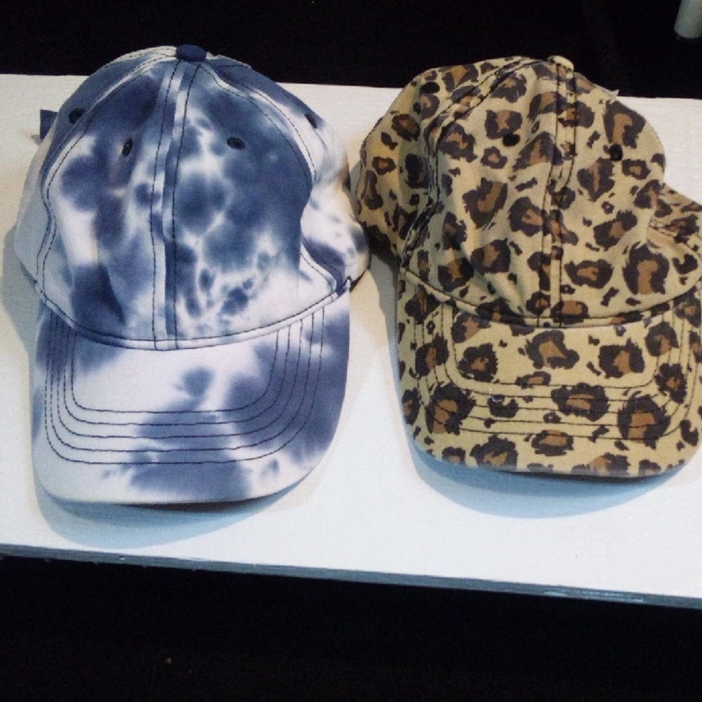 Set Of 2 Hats 1 Each Of Blue Tie-Dye and Leopard Print Caps